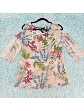 Brittany Black Women's White Pullover Tunic–Size M–Floral Lace Lined–Boho Style